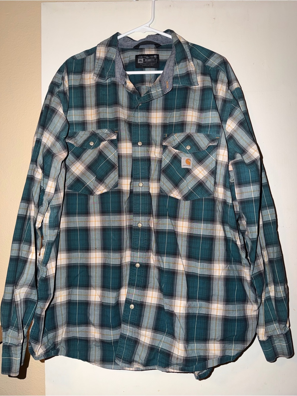 Carhartt Teal and White Plaid Button-Down Work Shirt